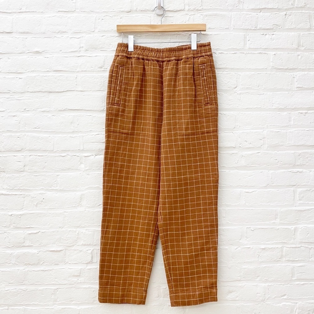 Madewell || Waffleback Pull-On High-Rise Tapered Pants Windowpane Tan Small Tall
